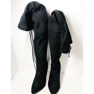 Black thigh high boots lace up in back